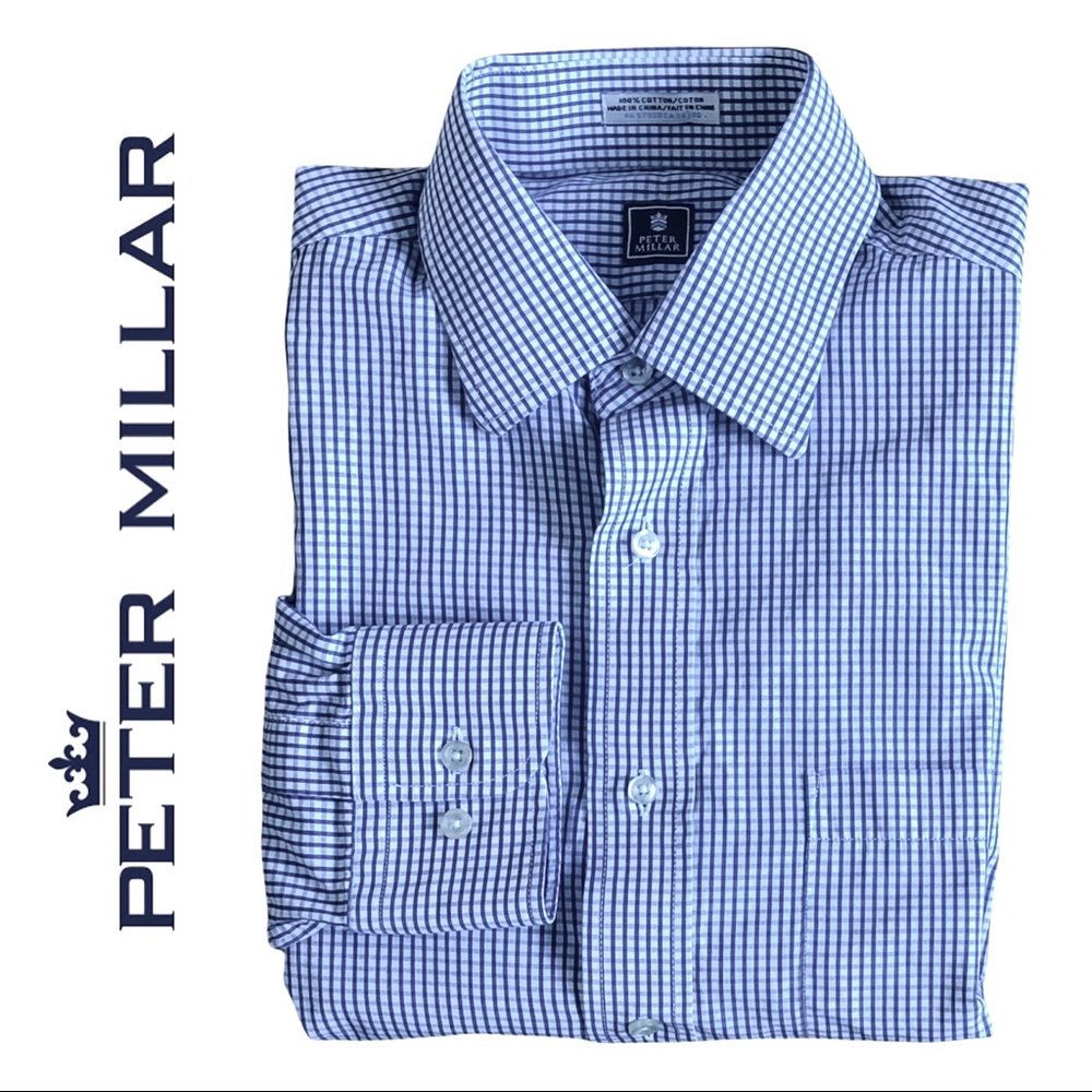 $148~PETER MILLAR~Blue/White Gingham 100% Cotton Button Front Sport Shirt~15.5/L